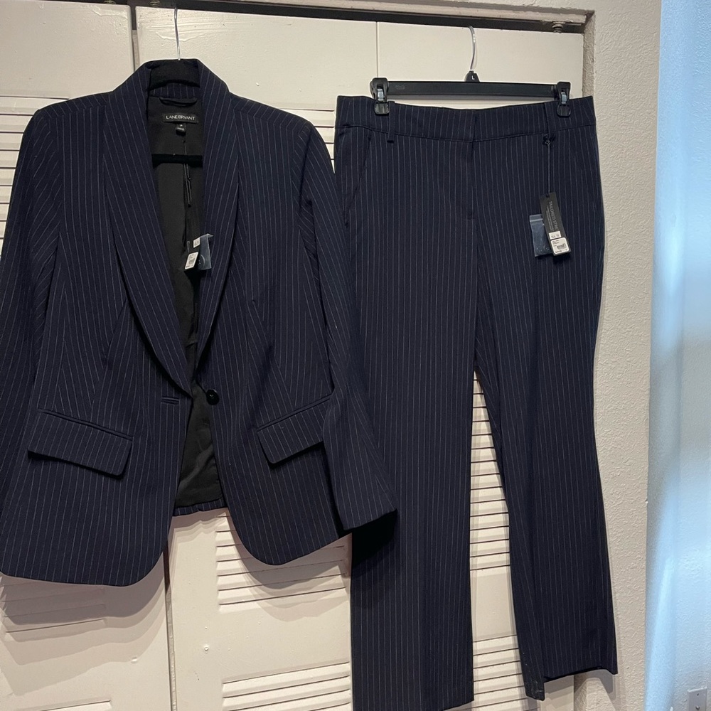 Brand new Lane Bryant pinstripe suit set navy blue jacket size 14 pants 14 R.